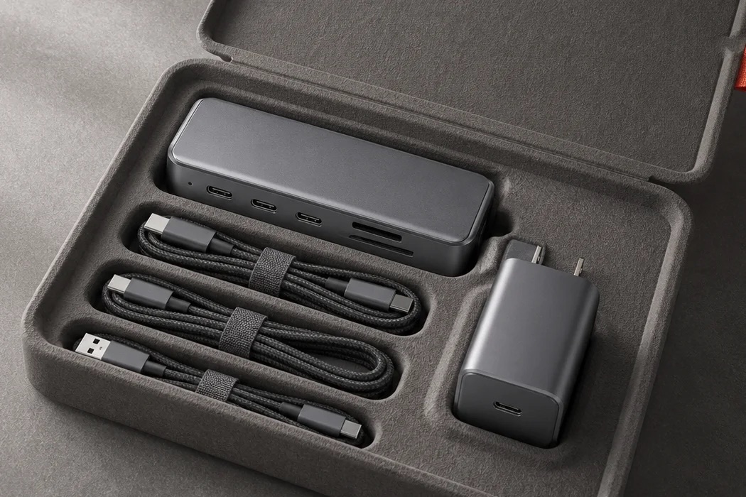 The hub, braided cables, and charger seated in the case